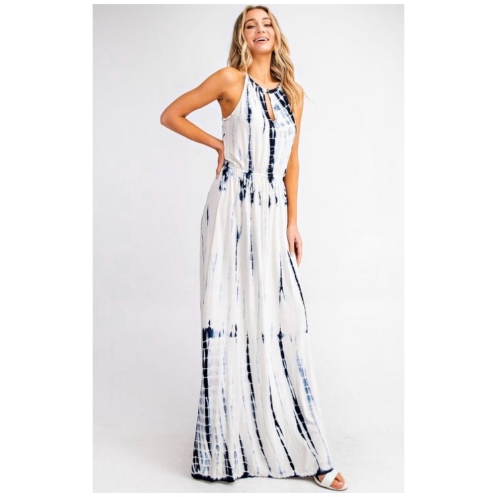 SOLD OUT Boho White & Blue Tie Dye Summer Vacation Long Full Length Maxi Dress - Picture 2 of 8